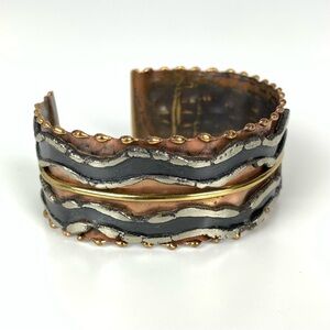 Mixed Metal Large Open Cuff Bracelet Copper Brass Vtg Brutalist Grunge Wavy